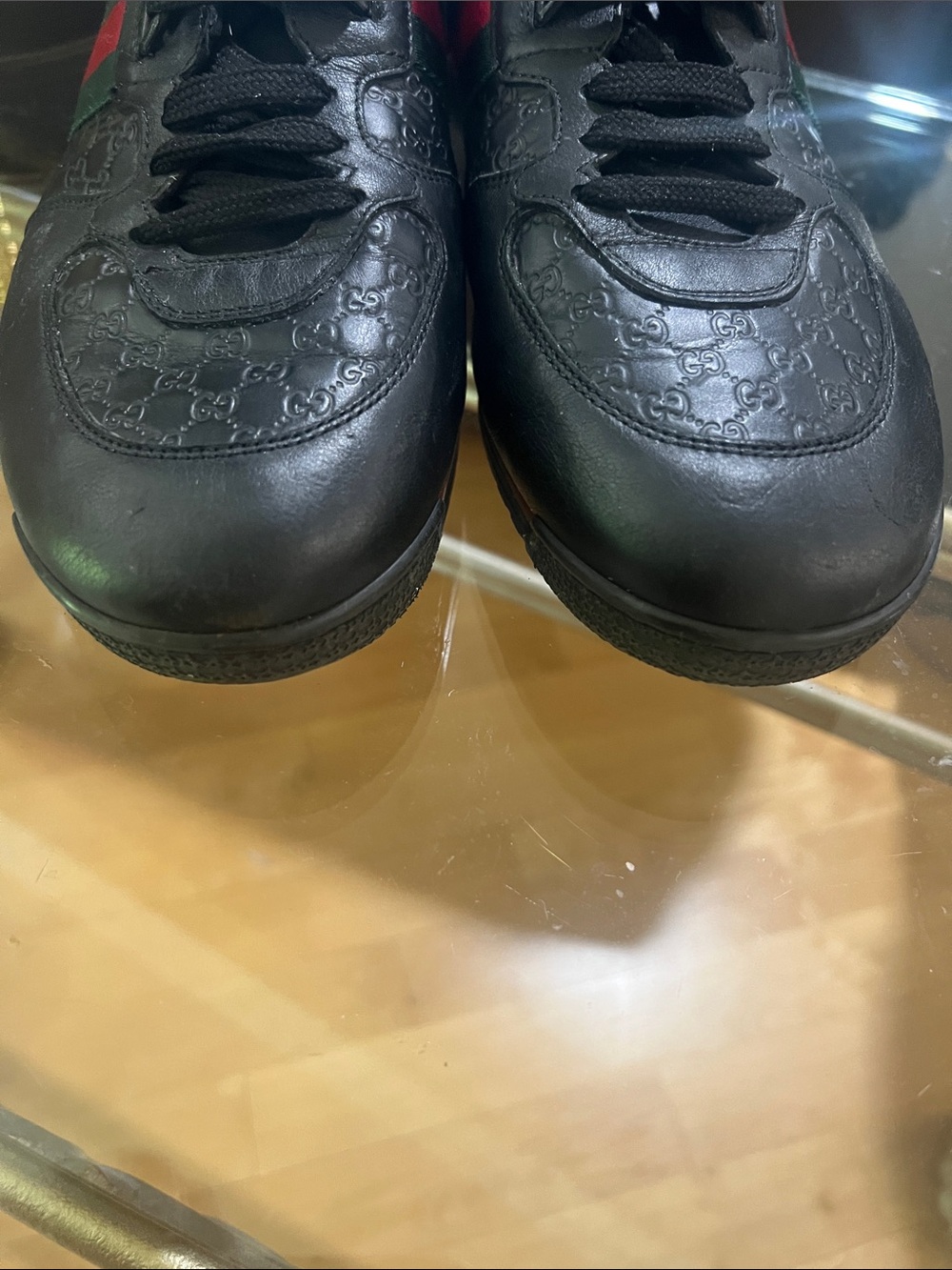 Gucci Black Leather Men's Sneakers with Red & Green Web Stripe